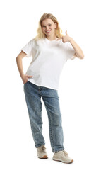 Fototapeta premium Young woman wearing blank t-shirt on white background. Mockup for design