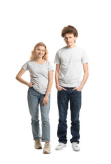 Young woman and man wearing blank t-shirts on white background. Mockup for design
