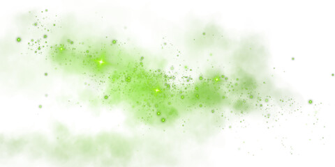 Fantastic green smoke background. Magic green smoke with glitter and small particles of twinkling stars. Fog with luminous particles. Green vapor with stardust. Morning fog over land or water. PNG.
