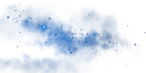 Fantastic blue smoke background. Magic blue smoke with glitter and small particles of twinkling stars. Fog with luminous particles. Blue vapor with stardust. Morning fog over land or water. PNG.