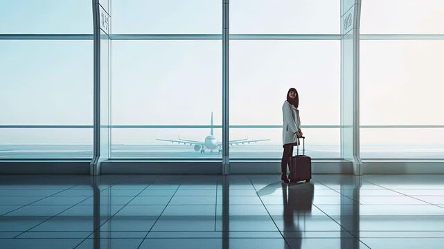 Confident businesswoman waiting near airport window, checking departing plane while gripping travel suitcase