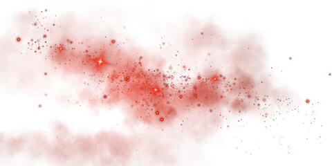 Fantastic red smoke background. Magic red smoke with glitter and small particles of twinkling stars. Fog with luminous particles. Red vapor with stardust. Morning fog over land or water. PNG.
