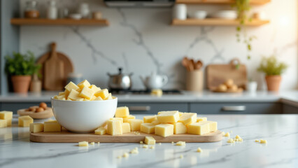 A kitchen counter covered with chopped beef tallow on a cutting board.