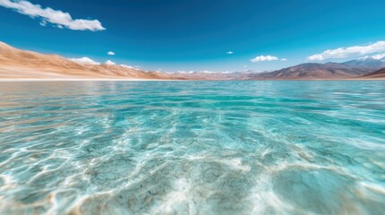 An expansive view of aquamarine waters contrasting with the dry mountains under a vivid blue sky creates a serene and breathtaking landscape that captivates the senses.