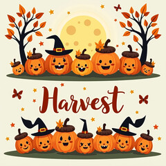 Joyful pumpkins celebrate autumn festivity under a full moon with playful butterflies and colorful leaves at night