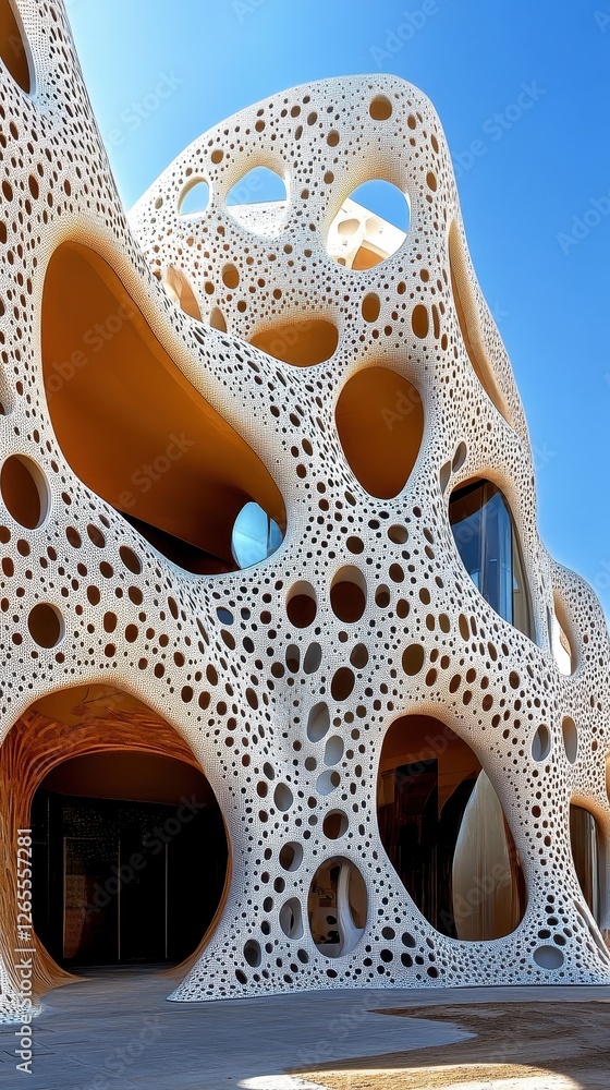Poster unique architecture featuring an organic facade with patterned openings
