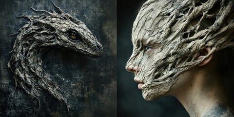 Dragon and humanoid form with bark like skin texture