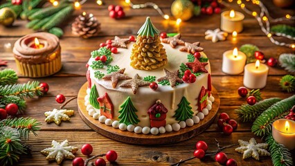 Aerial View: Festive Holiday Cake with Intricate Icing & Seasonal Decorations