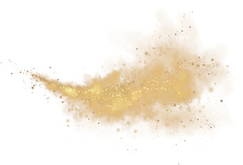 Fantastic golden smoke background. Magic golden smoke with glitter and small particles of twinkling stars. Fog with luminous particles. Yellow vapor with stardust. Morning fog over land or water. PNG
