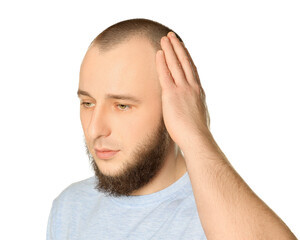 Baldness problem. Man with receding hairline on white background
