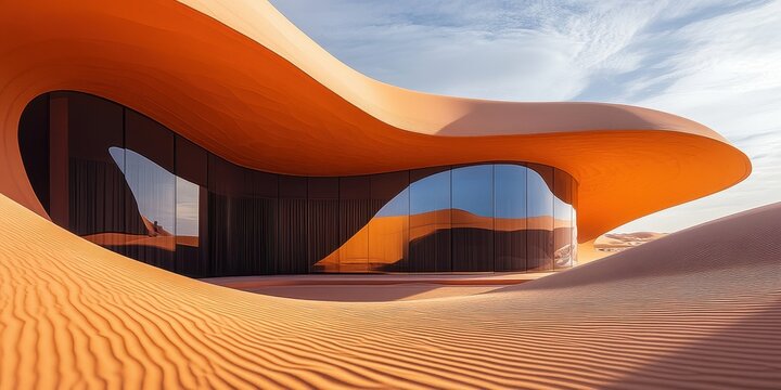 Futuristic building blends seamlessly into a sandy desert landscape - Powered by Adobe