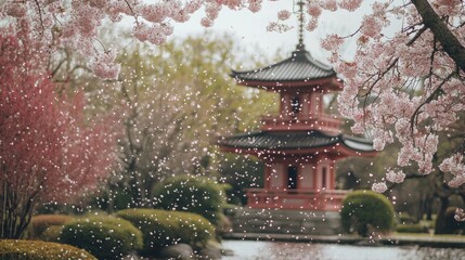Obraz premium serene Japanese cherry blossom garden in full bloom, pink petals falling, traditional pagoda in the background, cinematic composition