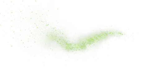 Fantastic green smoke background. Magic green smoke with glitter and small particles of twinkling stars. Fog with luminous particles. Green vapor with stardust. Morning fog over land or water. PNG.
