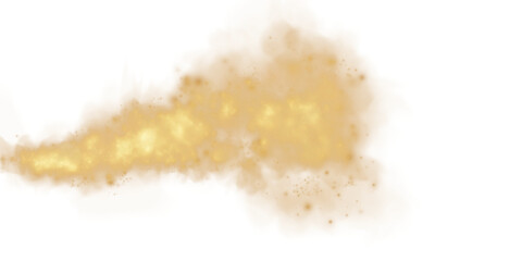 Fantastic golden smoke background. Magic golden smoke with glitter and small particles of twinkling stars. Fog with luminous particles. Yellow vapor with stardust. Morning fog over land or water. PNG

