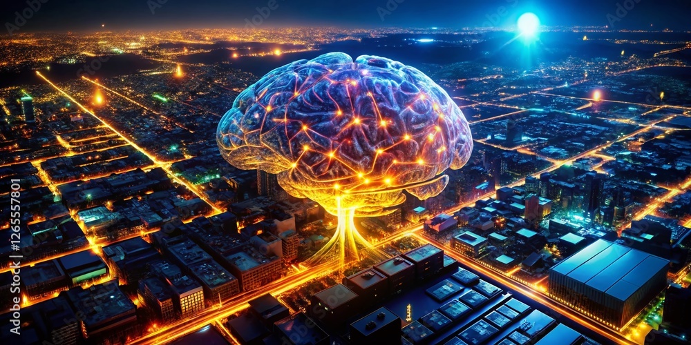 Aufkleber aerial view glowing digital brain circuitry network artificial intelligence technology concept