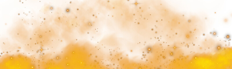 Fantastic orange smoke background. Magic orange smoke with glitter and small particles of twinkling stars. Fog with luminous particles. Orange vapor with stardust. Morning fog over land or water. PNG.