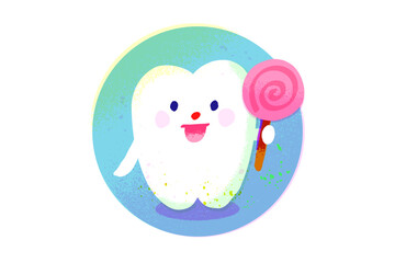 甘いお菓子を食べる歯のキャラクター　手描きイラスト素材