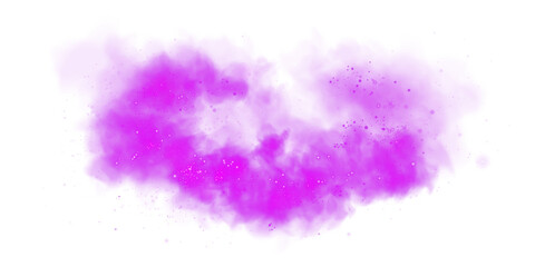 Fantastic purple smoke background. Magic purple smoke with glitter and small particles of twinkling stars. Fog with luminous particles. Purple vapor with stardust. Morning fog over land or water. PNG.