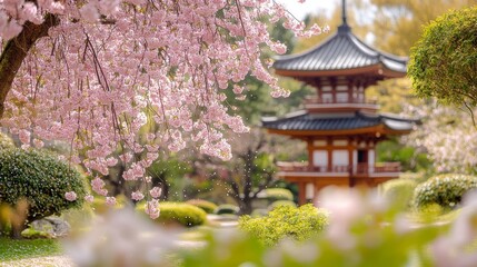 serene Japanese cherry blossom garden in full bloom, pink petals falling, traditional pagoda in the background, cinematic composition