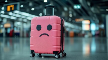 lost luggage concept, sad forgotten pink suitcase against airport, problem, bored