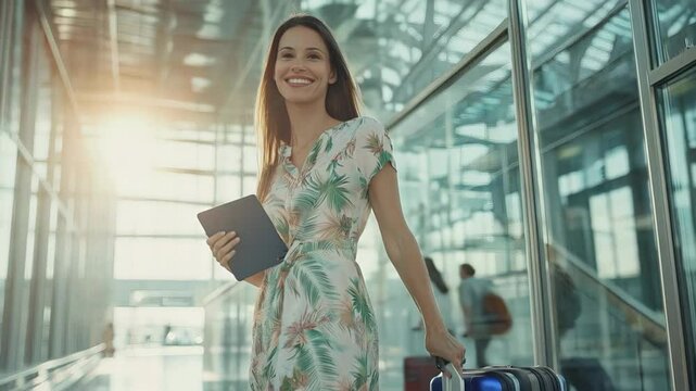Confident female traveler pulling wheeled suitcase through bright airport terminal, navigating journey with digital tablet and optimistic demeanor