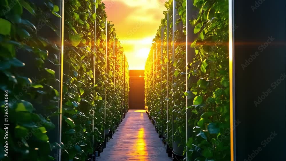 Poster a pathway between rows of greenery, illuminated by a sunset, creating a serene and vibrant atmospher