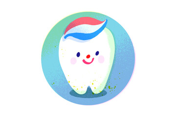 歯磨き粉を付けた歯のキャラクター　手描きイラスト素材