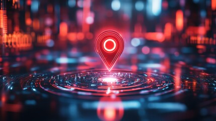 Futuristic Red Pin Marker on Digital Abstract Background Design