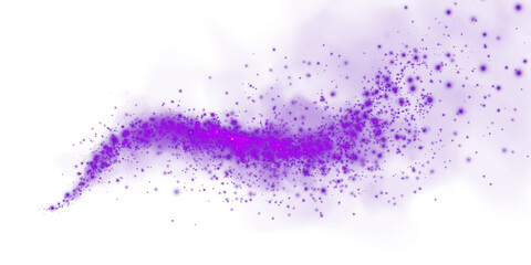 Fantastic purple smoke background. Magic purple smoke with glitter and small particles of twinkling stars. Fog with luminous particles. Purple vapor with stardust. Morning fog over land or water. PNG.