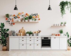 Contemporary kitchen with sleek white cabinets, a floral statement wall, and bright spring decor