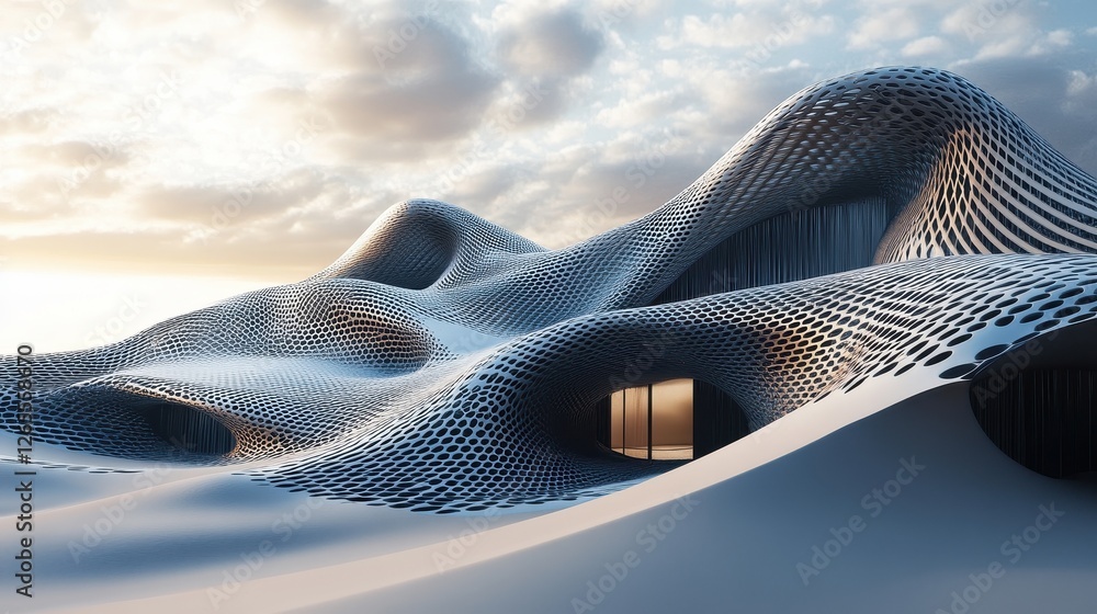 Aufkleber futuristic architecture with organic flowing shapes and perforated patterns