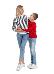 Happy mother and son on white background