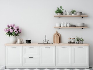 Classic country kitchen with checkered floors, fresh lilacs, and white cabinetry