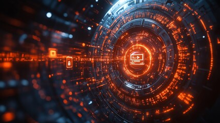 Fototapeta premium Futuristic digital interface showcasing glowing data streams and security icons in motion