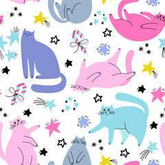 Vector  seamless pattern of cute cat and Christmas decoration isolated on white background. Holiday wallpaper, paper, wrappind