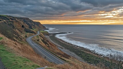 Coastal Road at Sunset, Dramatic Cliffs and Ocean Waves