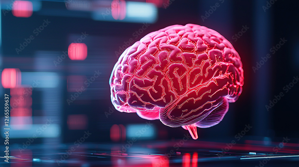 Poster futuristic glowing digital brain hologram representing artificial intelligence and neural networks