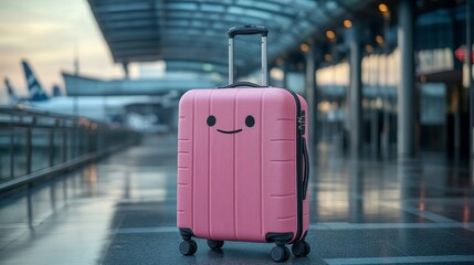 smiling pink suitcase against airport