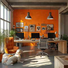 Vibrant Office with Artistic Decor and Canine Companion. 