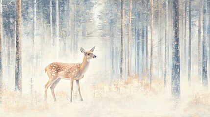 Serene Winter Wonderland: A Fawn in a Snow-Covered Forest