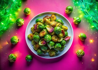 Aerial View: Neon Pink & Green Brussels Sprouts, Futuristic Food Photography