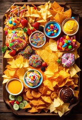 bright colorful junk food platter showcasing variety appetizing snacks visually striking arrangement, appetizer, bites, board, celebratory, chamomile