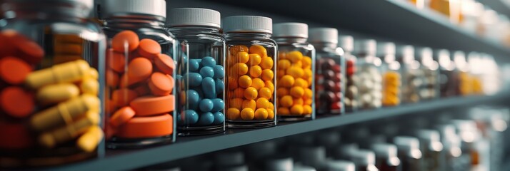 Rows of pills and bottles arranged aesthetically in a modern setting