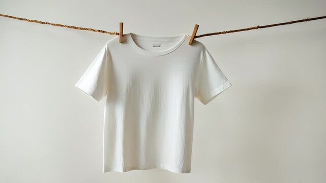 Minimalist white cotton t shirt hanging loosely on clothesline, floating against pure white backdrop, highlighting clean design aesthetic