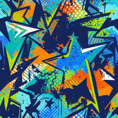 Abstract seamless chaotic pattern with urban geometric elements, scuffed, drops, stars and sprays. Grunge  neon texture background. Wallpaper for teens