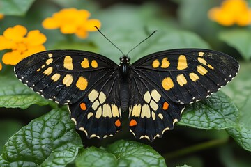 Vibrant butterfly resting on green leaves amidst bright yellow flowers in a lush garden