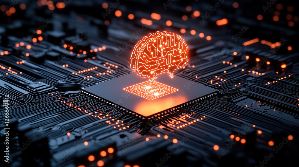 Poster futuristic microchip with glowing brain representation of artificial intelligence and innovation