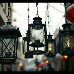 A candid street photography image of antique kerosene lanterns with rustic designs against a transparent background.  The urban scene is captured with a soft cinematic haze, emphasizing spontaneous 