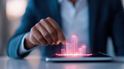 Futuristic cityscape concept with digital grid, person interacts with digital hologram of cityscape on tablet, the concept of digital urban planning and design with modern technology