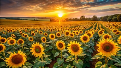 Obraz premium Aerial View of a Lush Sunflower Field with Rows of Sunflowers and Sunflower Seeds